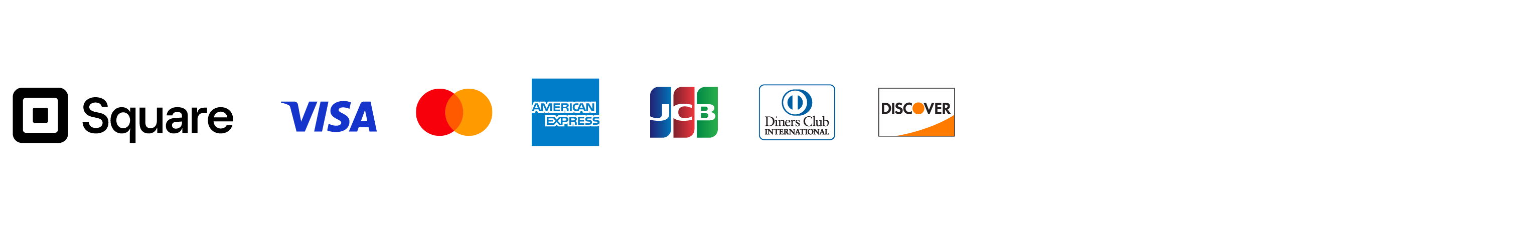 Visa, Mastercard, American Express, JCB, Diners Club, Discover